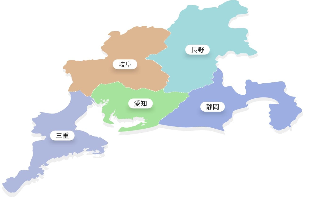 愛知、岐阜、三重、静岡、長野の5県が色分けされた東海地方の地図。